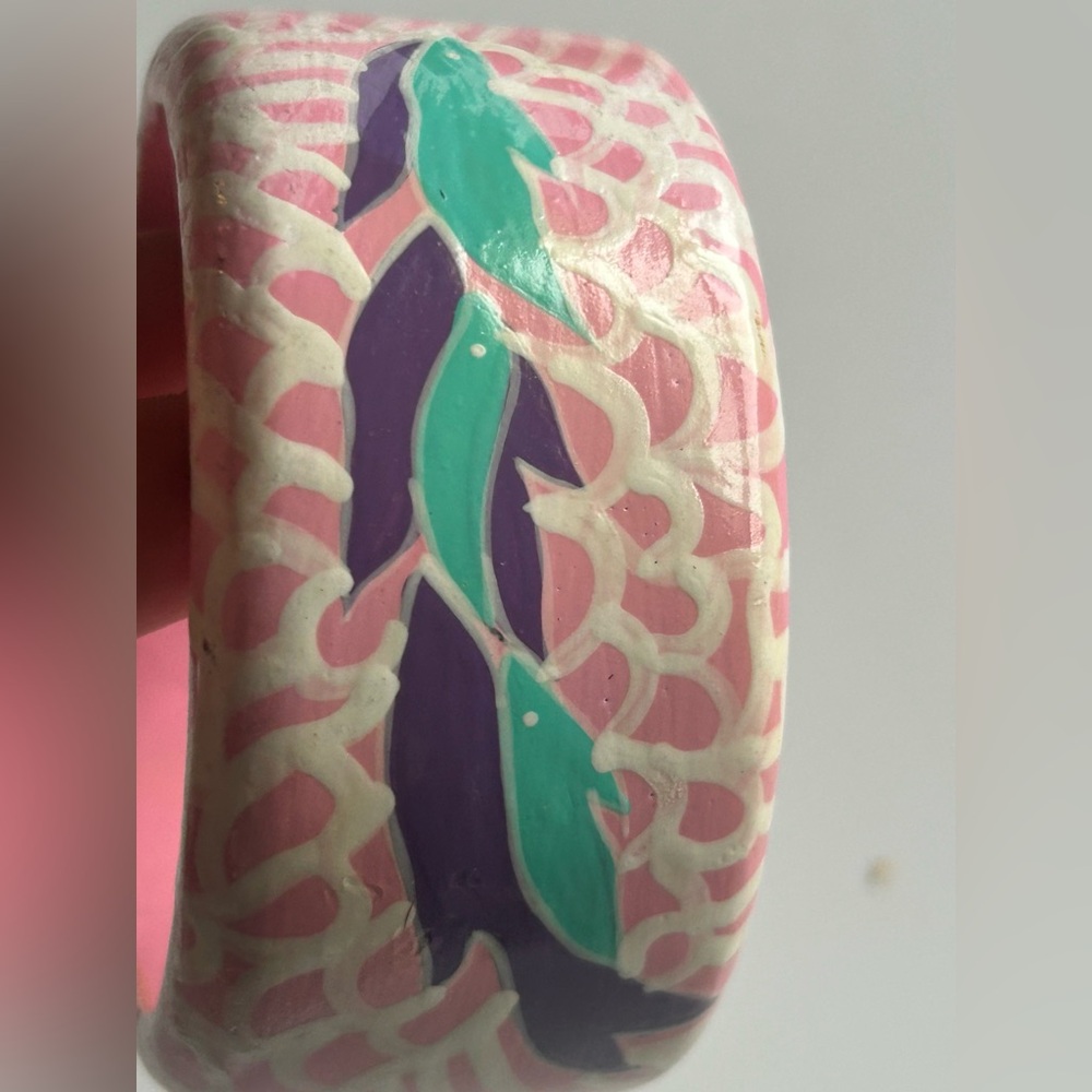 Vintage Hand Painted Wood Bangle Bracelet Pink Blue Abstract Botanical Chunky - Picture 11 of 12